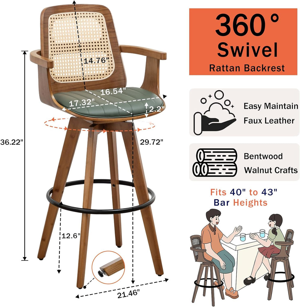 Mid Century Bar Stools, Rattan Bar Height Barstools with Curved Cane Back