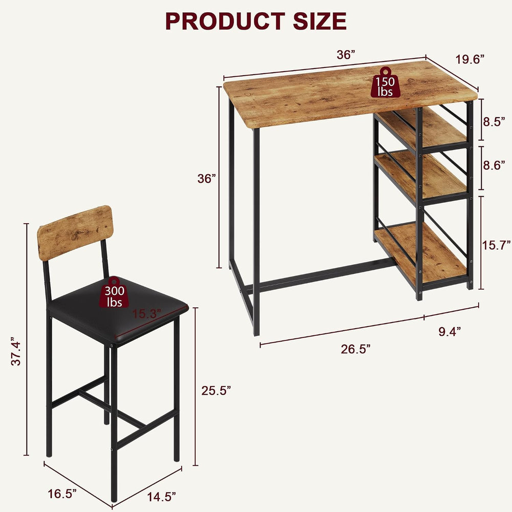 Bar Table and Chair Set with 3 Shelves, 2 Upholstered Stools, Vintage | Small...