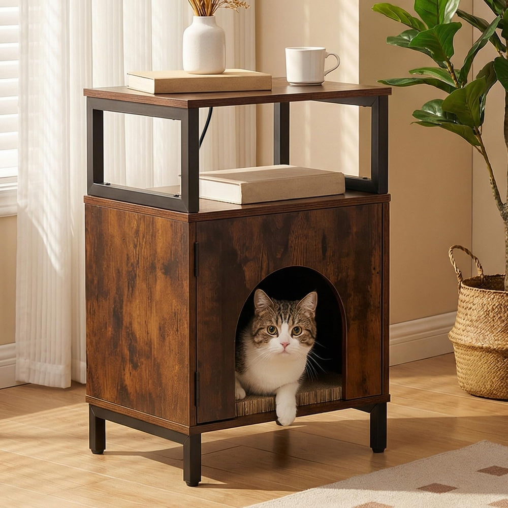Cat Side Table with Charging Station & Storage Shelf, Small End Tables wi...