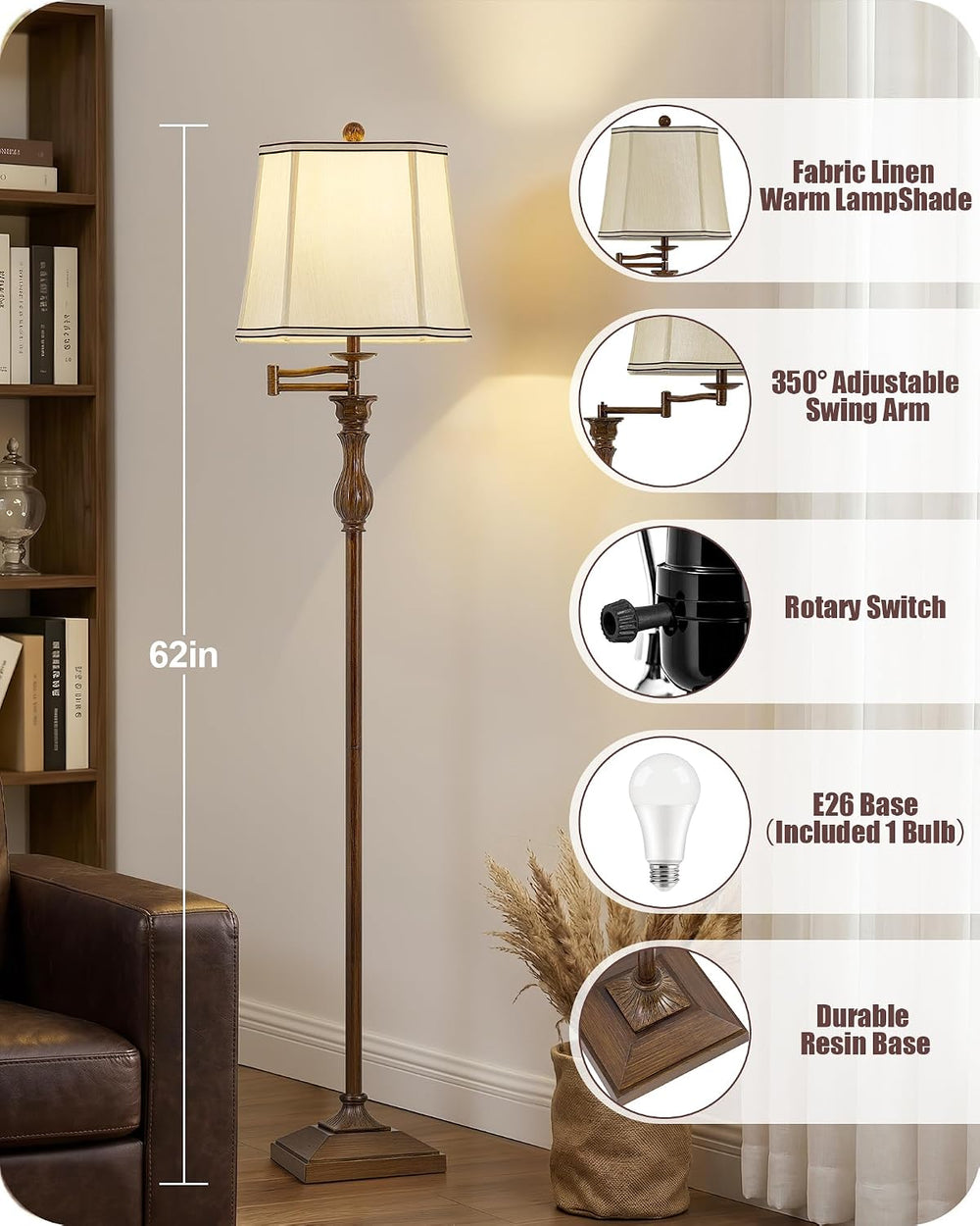 Luvkczc 62" Floor Lamp for Living Room with 350°Adjustable Swing Arm