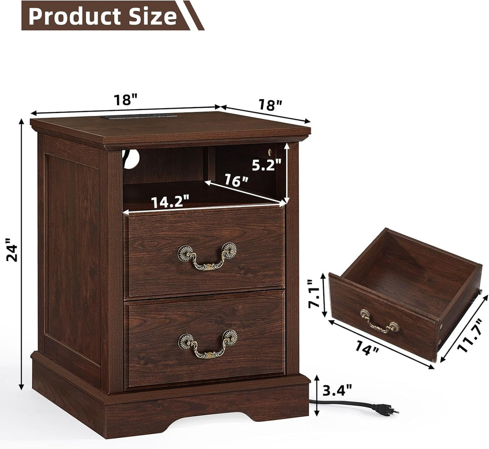 Farmhouse Night Stand with Charging Station, Walnut | 2 Drawers End Tables Be...