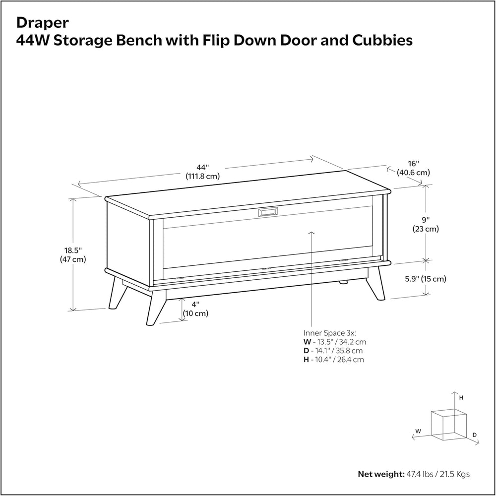 SIMPLIHOME Draper Storage Bench - 44 inch Wide Solid Wood Entryway Bench in T...
