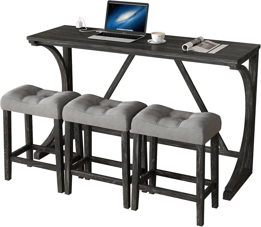 4 Piece Bar Table Set with Power Outlet, 59'' Dining Bar Table and Ch...