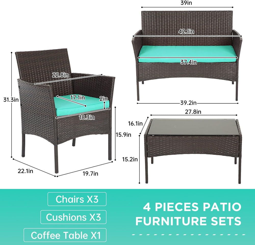 FDW 4-Piece Patio Furniture Set | Brown & Blue | Outdoor Wicker Furniture