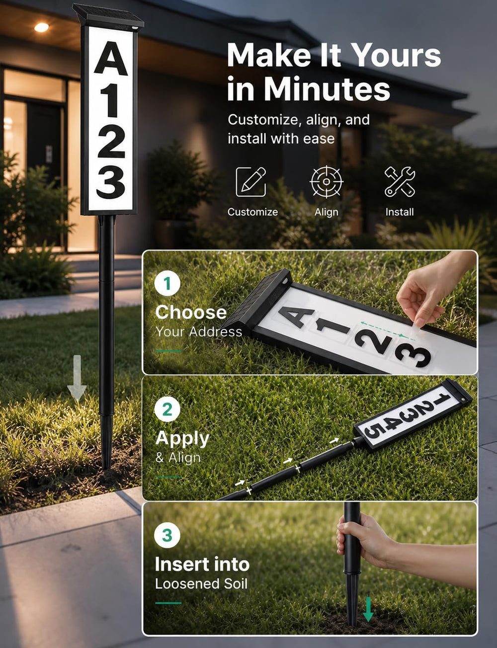 Yeelight Solar Address Sign, House Number for Outside Waterproof, 3-Color LED...