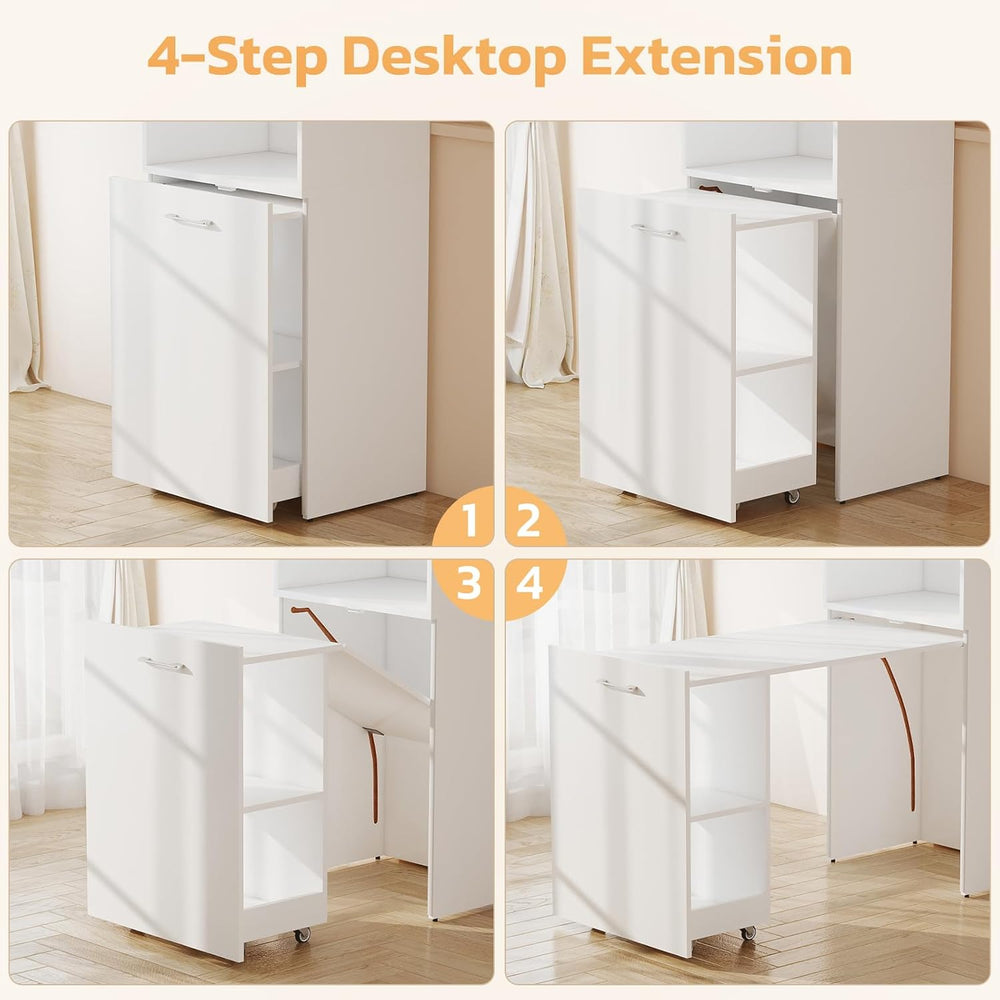 Zevemomo Folding Desk, Convertible Table with Shelves & Wheels - White