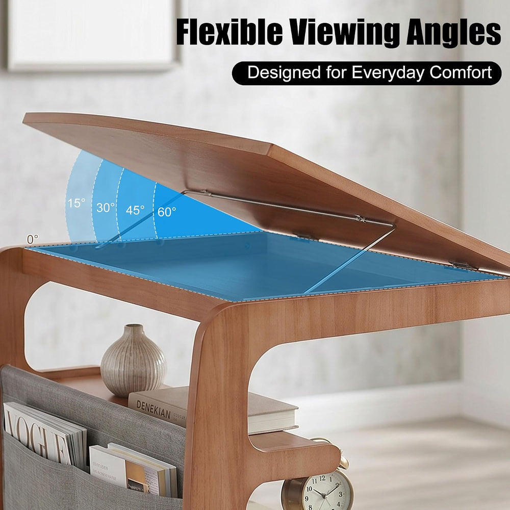 100% Solid Wood C Shaped End Table with Swivel Wheels, Lift Top Couch Table w...