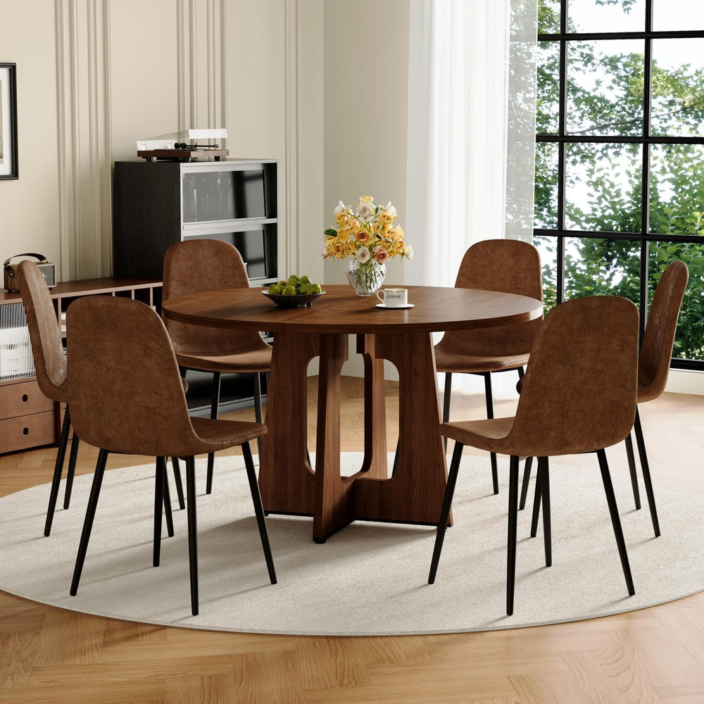47" Round Dining Table Set for 6, Walnut Wood Grain Table and 6 Brown Su...