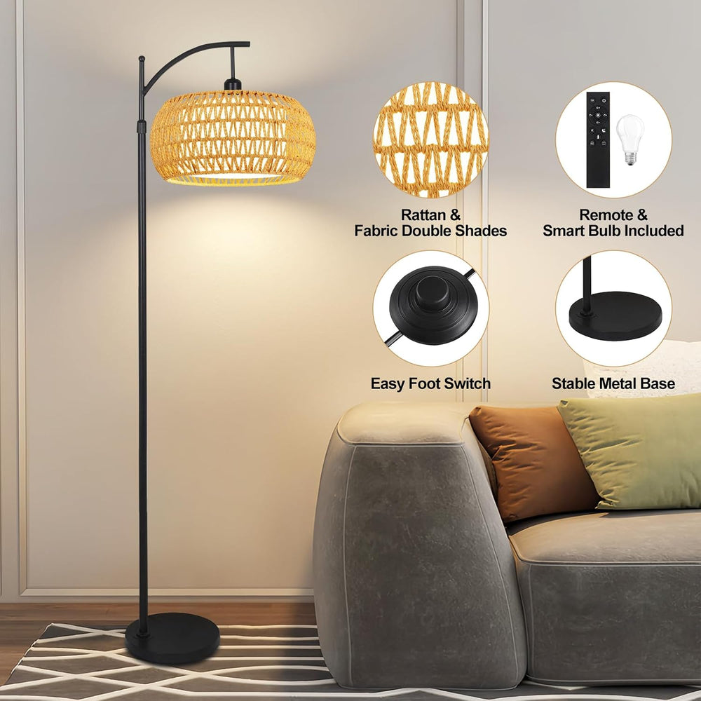 Arc Floor Lamps for Living Room Rattan Boho Floor Lamp with Remote Control,Di...