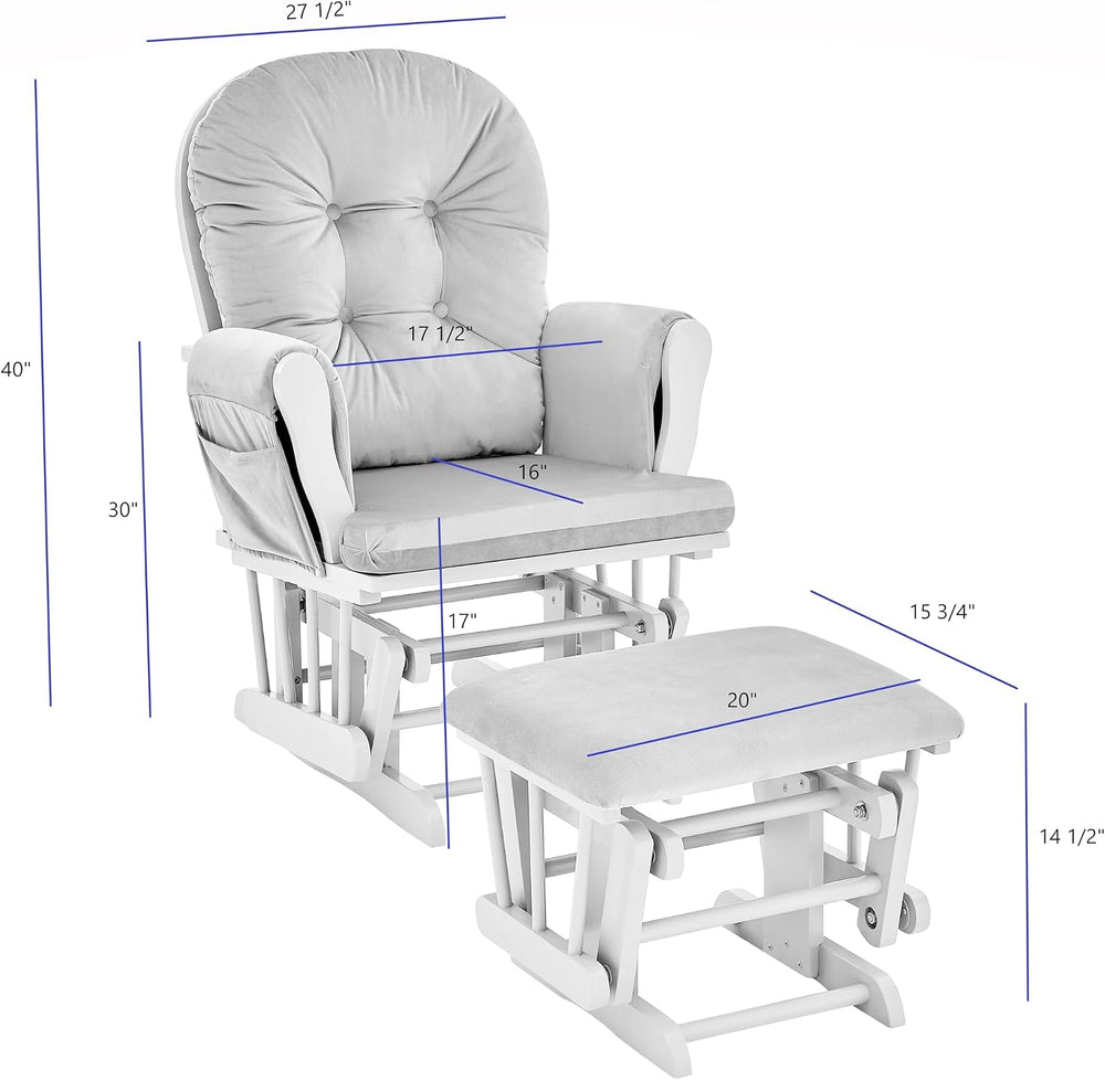 Glider and Ottoman White Wood and Gray Fabric