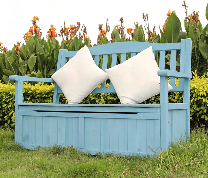 48in Wooden Outdoor Storage Bench, 2-Person Patio Deck Box with Backrest, Weather-Resistant Garden Chair Organizer for Front Porch, Yard and Poolside(Blue)