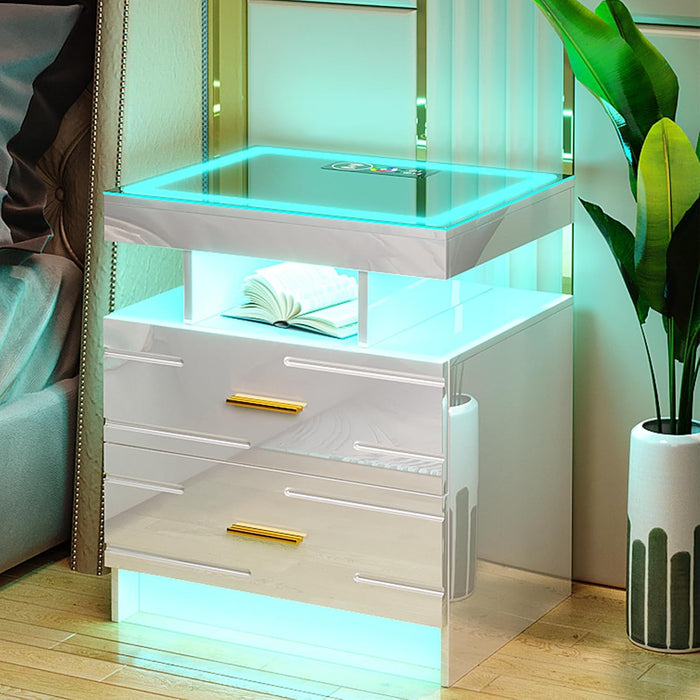 HNEBC Night Stand Set 2 with Wireless Charging Station& Remote Lights,White | LED Nightstand with Tempered Glass Top, RGB Dynamic motion sensor Lighting, Higt-Gloss, 2 Drawers for Bedroom,Living Room