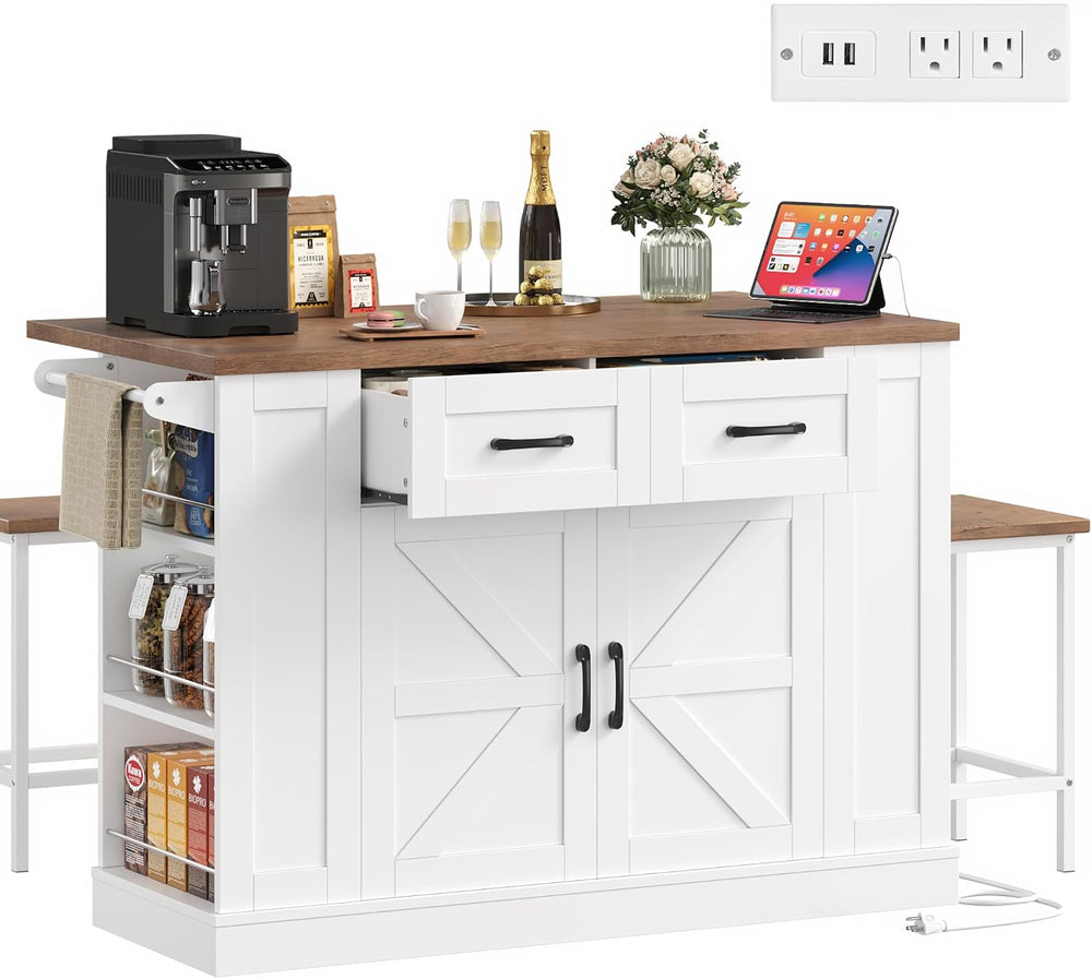 Keyluv Kitchen Storage Island with 2 Stools, 51.2” Mobile Kitchen Cart with D...