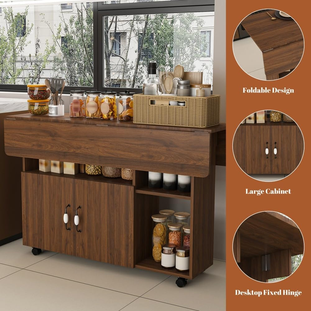Folding Dining Table with Wheels, Drop Leaf Dinner Table with 2-Layer Storage...