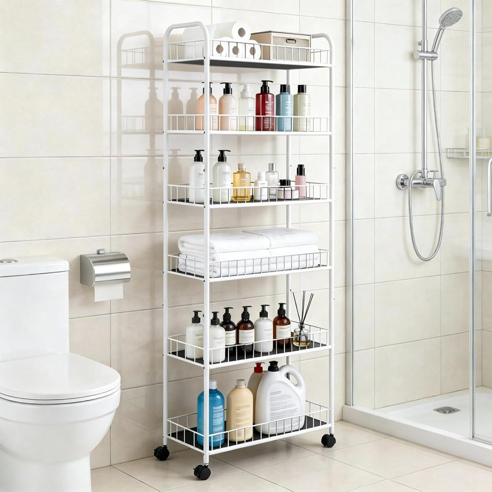 10in 6 Tier Slim Storage Cart with Wheels,White Narrow Space Rolling Shelving...