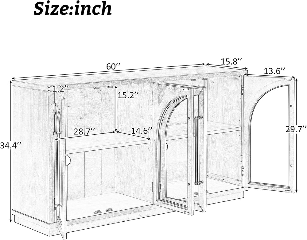 Large Arched Kitchen Sideboard, Wooden Storage Cabinet with Glass Doors with ...