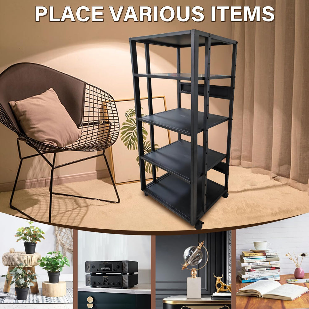 5-Tier AV Media Stand with Wheels, Modern Mobile Stereo Cabinet