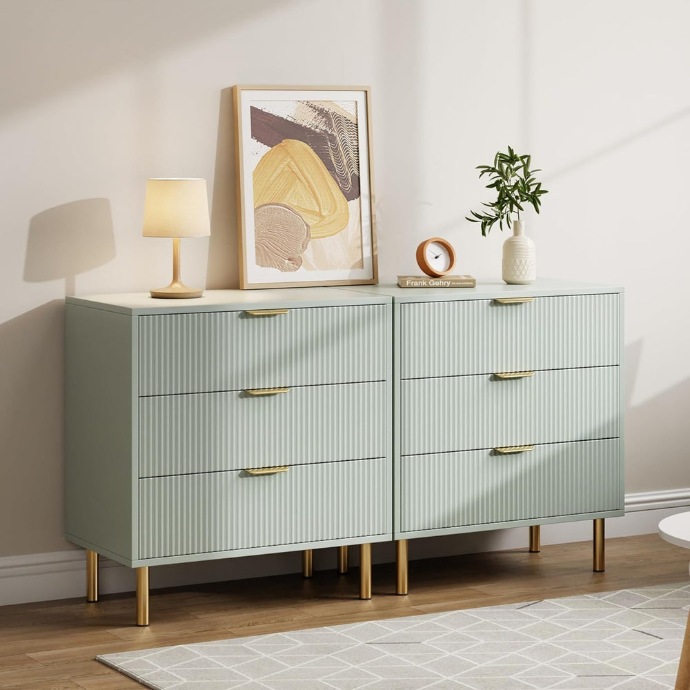 IDEALHOUSE Modern Green 3 Drawer Dresser for Bedroom with Gold Handles
