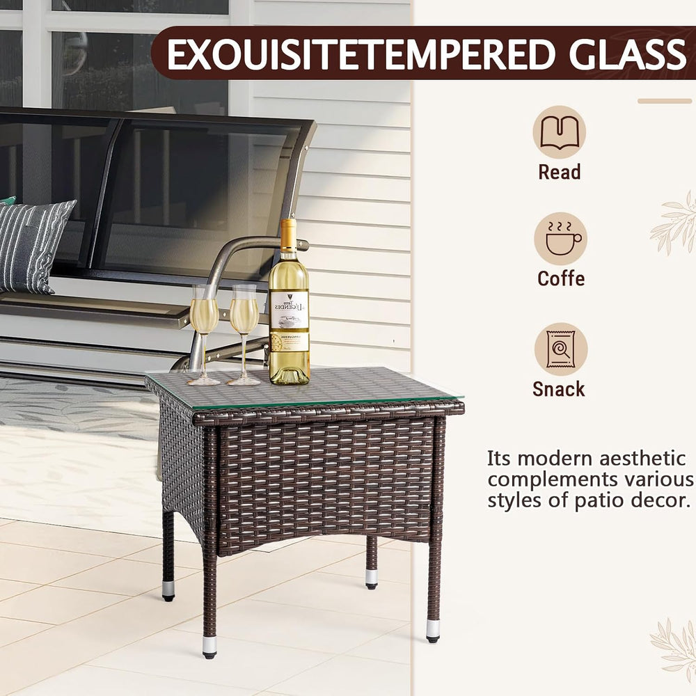 VINGLI Outdoor Wicker Side Table Patio Side Tables for Outside, Tempered Glas...