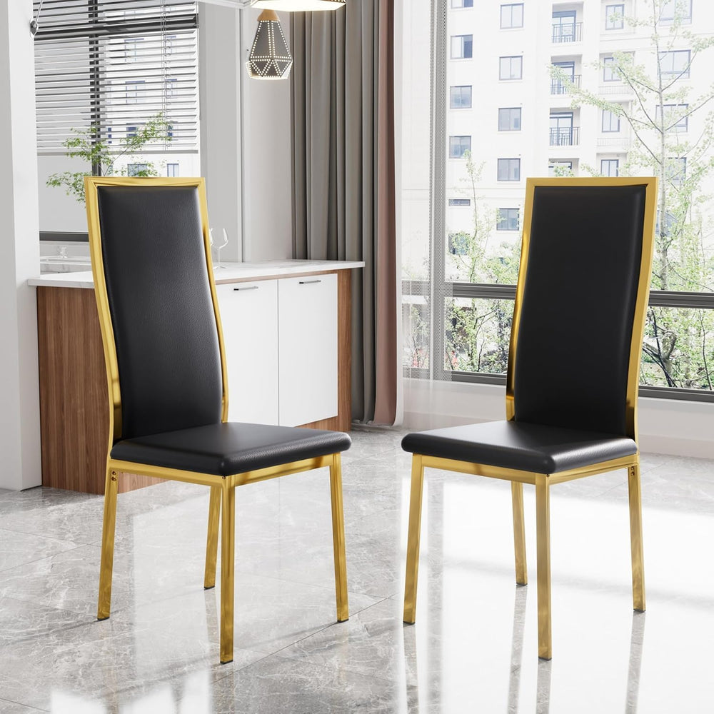 Modern Dining Chairs Set of 2, Black Faux Leather with Chrome Gold Metal Legs...