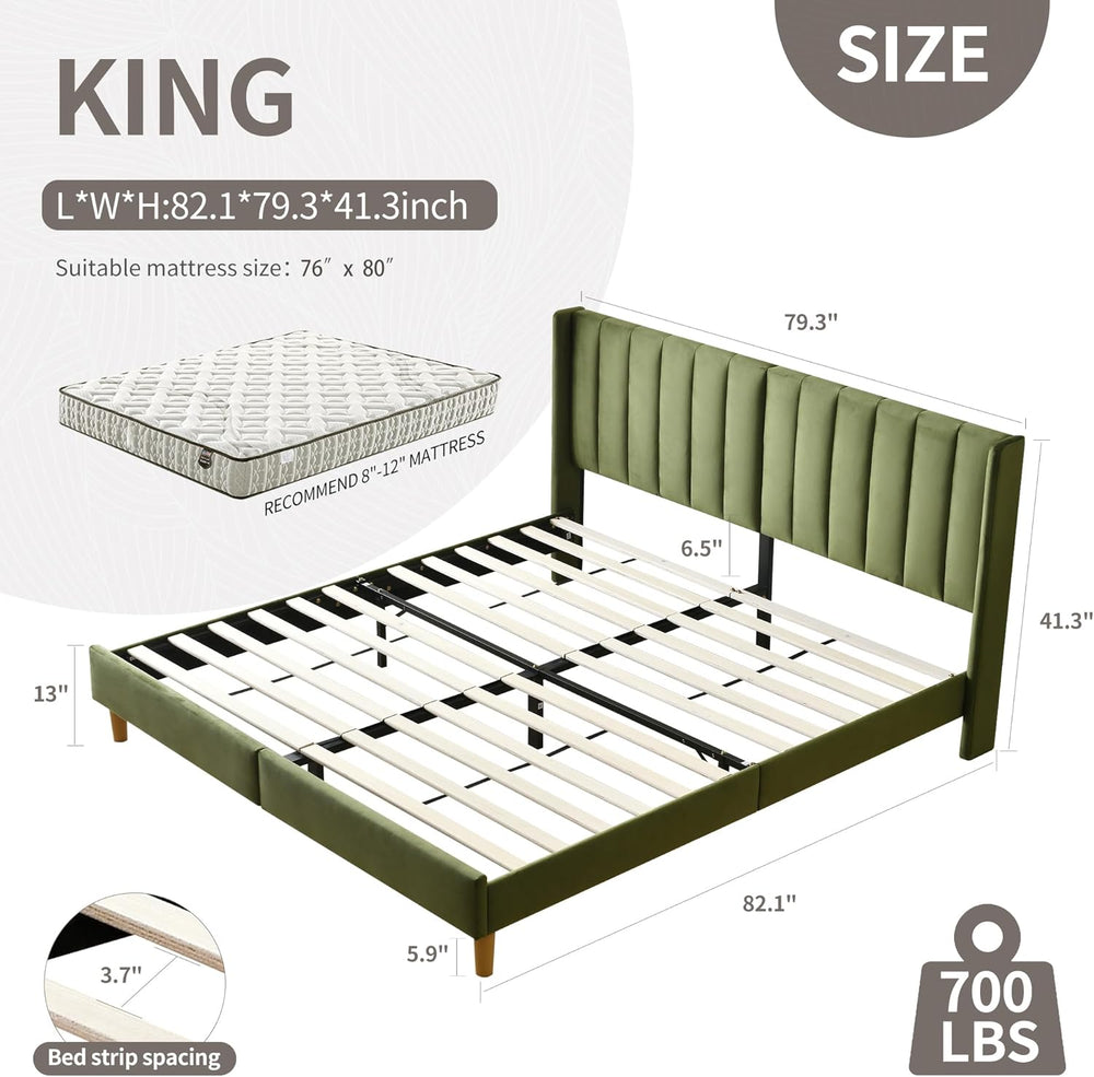 YUHUASHI King Bed Frame,Platform Bed with Upholstered Headboard,Grass Green