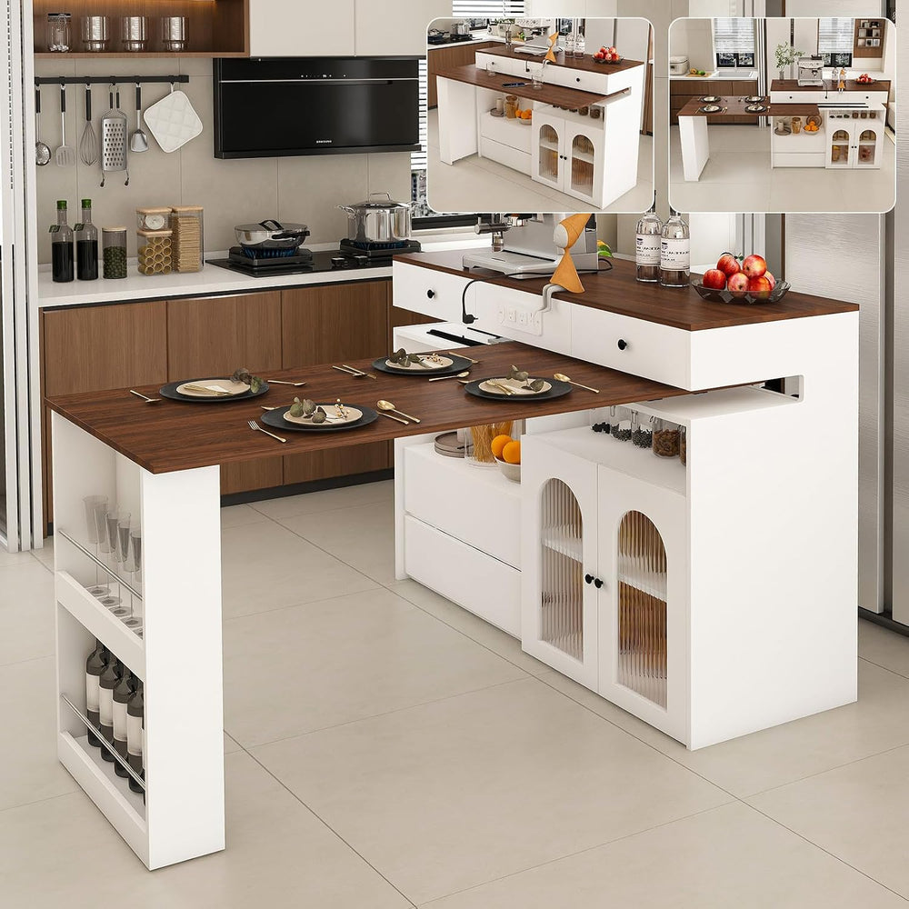 Retro Kitchen Island with Extendable Rotating Tabletop, Power Outlets, Glass ...
