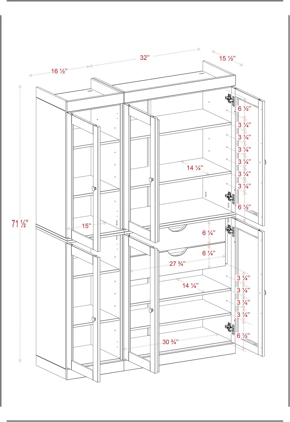 Palace Imports 100% Solid Wood 48.5" Pantry China Cabinet with Clear Gla...