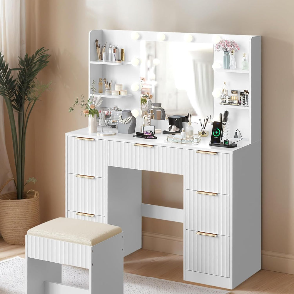 Karl home Fluted Vanity Desk with Mirror and Lights in 3 Modes and Charging S...