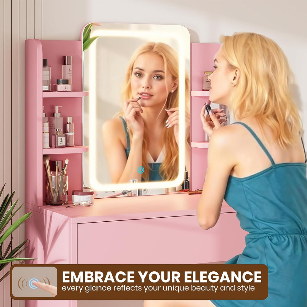 Small Vanity Desk with Mirror and lights,Pink Makeup Vanity for Girls Kid | C...