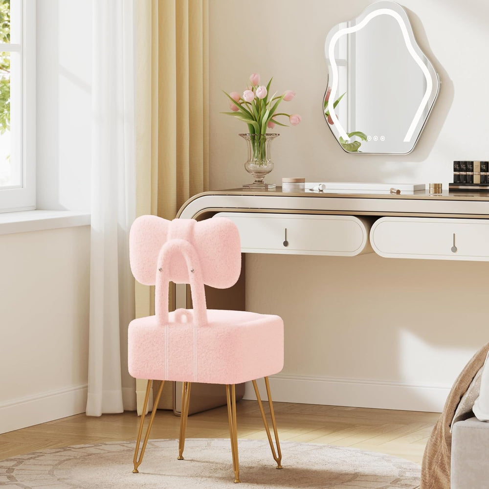 Small Vanity Stool Chair with Storage and Foldable Back, Pink | Soft Storage ...