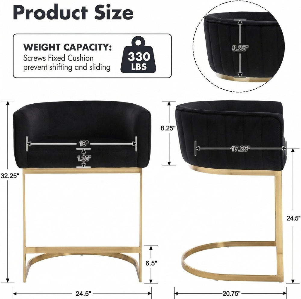 Hyfirm Set of 3 Black Velvet Counter Height Bar Stools Gold Base