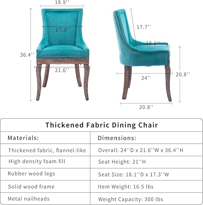 Teal Dining Chairs Set of 2, Kitchen & Dining Room Chairs, Fabric Upholst...