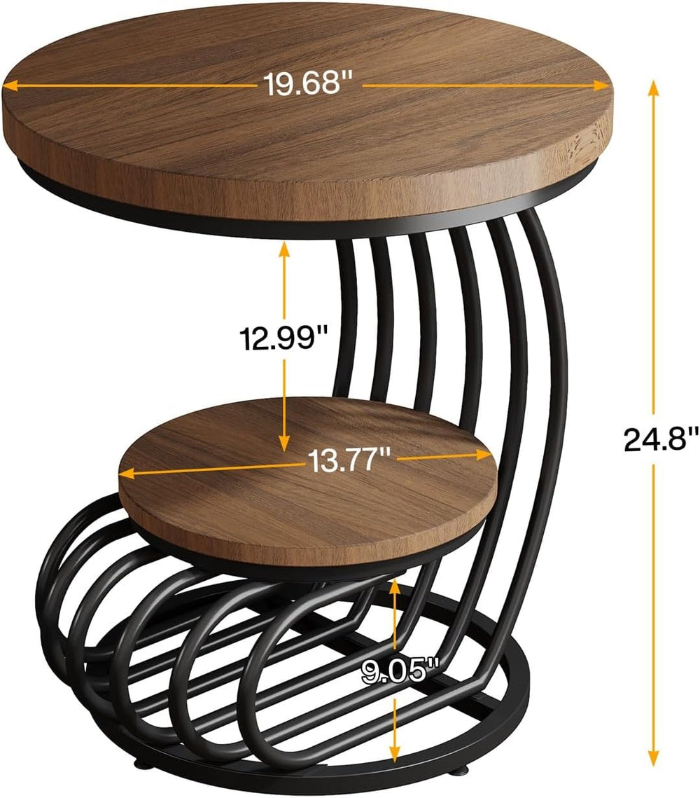 LITTLE TREE Round Side Table, Wood End Table with 2-Tier Storage Shelf, Accen...