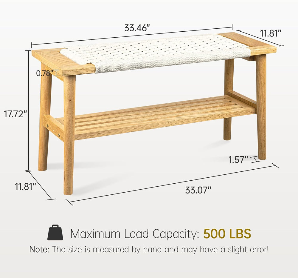 Solid Wood Narrow Bench with Storage, 33.46" Woven Bench for Entryway an...