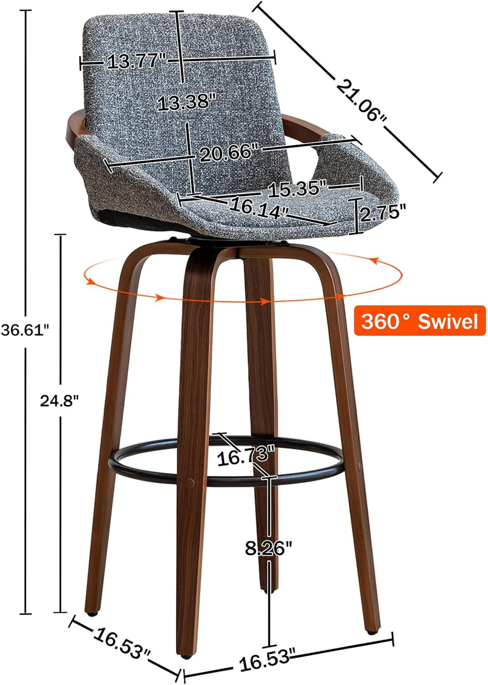 LUNLING 25.6" Counter Height Barstools Set of 3 Mid Century Modern Retro...