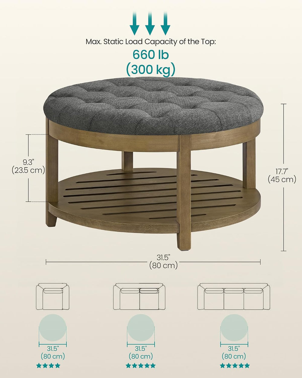 SONGMICS Round Coffee Table with Storage, Solid Wood Frame