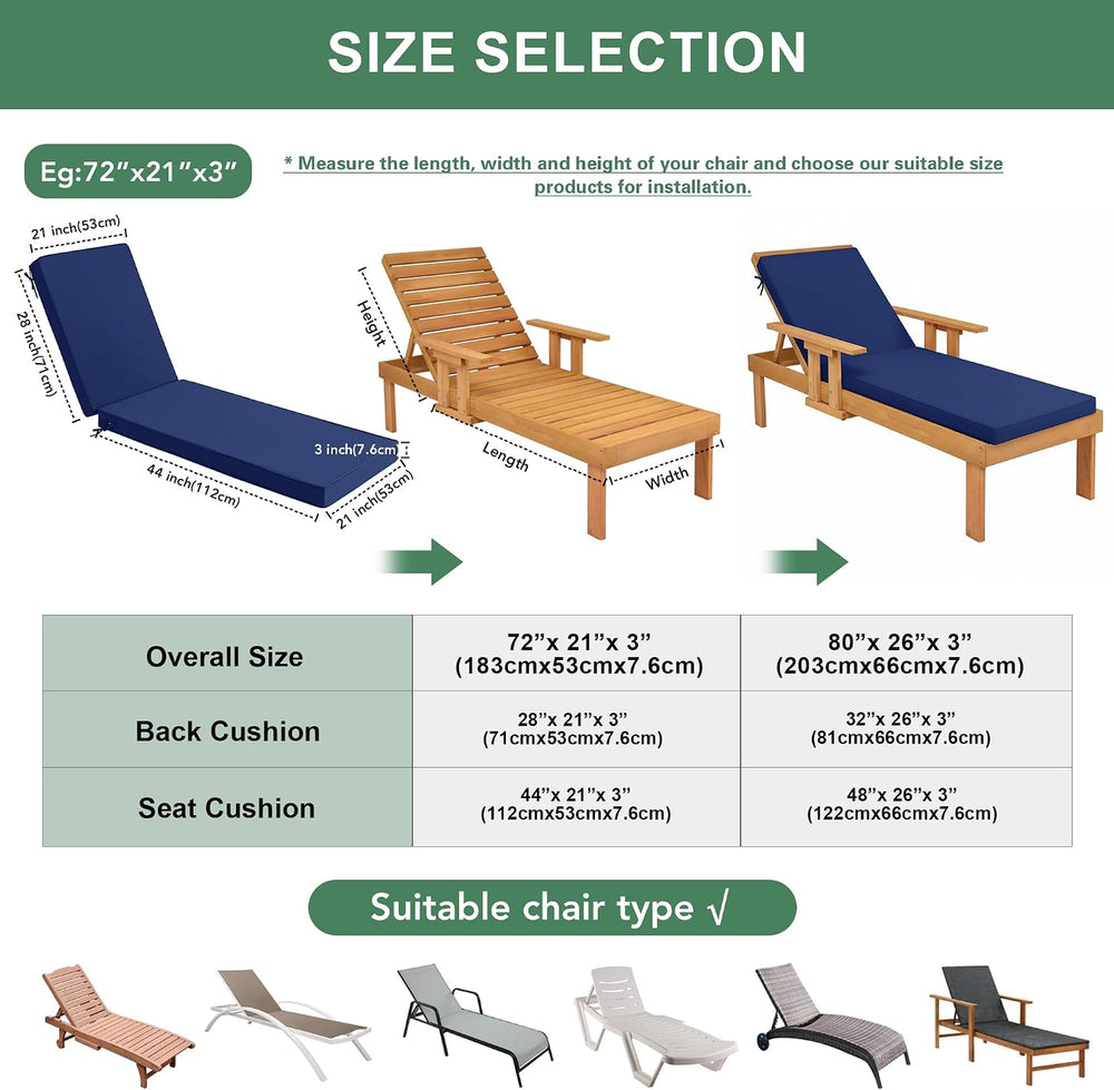Summsun Outdoor Chaise Lounge Cushions Set of 2, 80 x 26 x 3 Inch, Navy