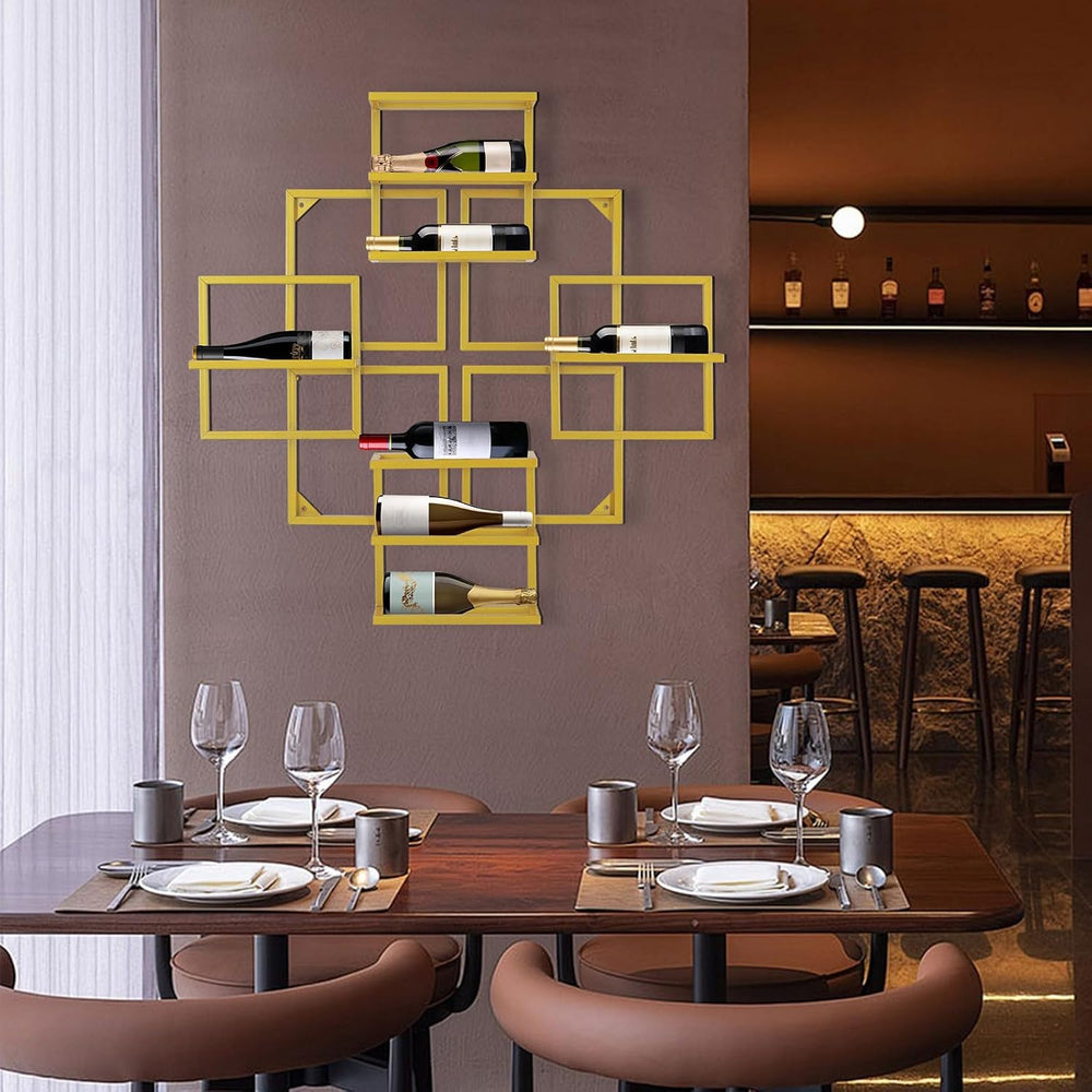 Modern Wall Mounted Wine Rack, Geometric Gold Steel Wine Storage Shelf with 8...