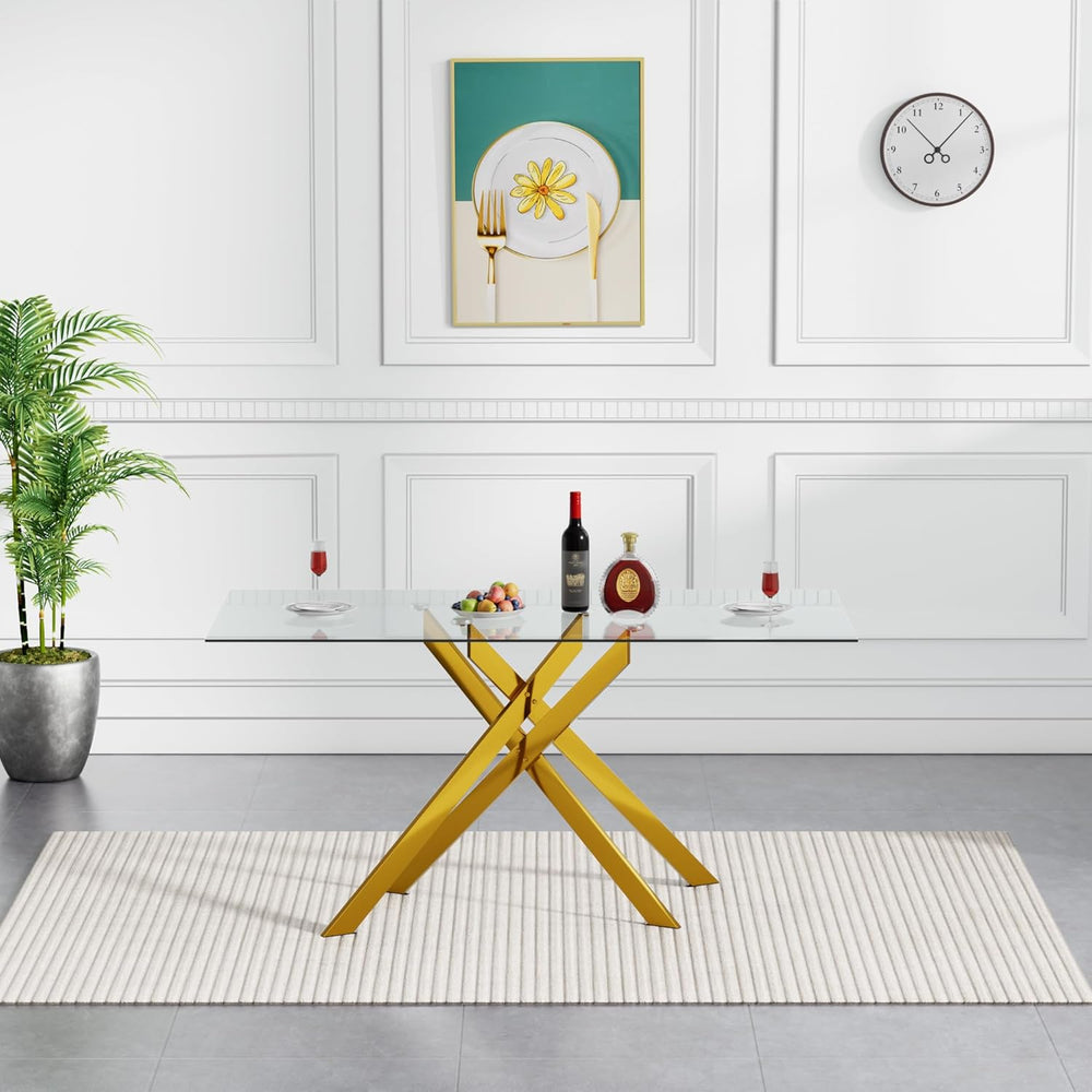 Gold Glass Dining Table for 4 Modern 51.2" Rectangular Kitchen Dining Ro...