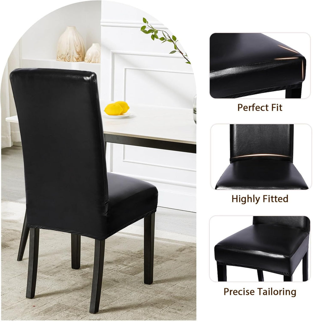 SearchI Waterproof PU Leather Dining Chair Covers Stretch, Set of 6, Black