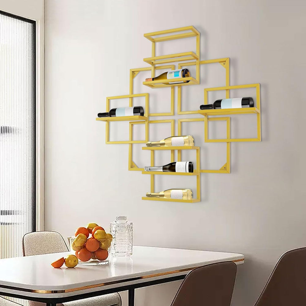 Modern Wall Mounted Wine Rack, Geometric Gold Steel Wine Storage Shelf with 8...