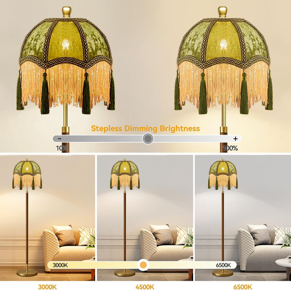 Vintage Floor Lamp For Living Room,Remote Dimmable Wood Gold Standing Lamps W...
