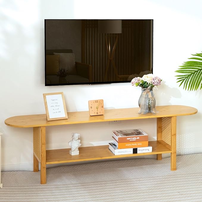 HollyHOME Bamboo TV Stand with Storage for TVs up to 65", Modern Enterta...