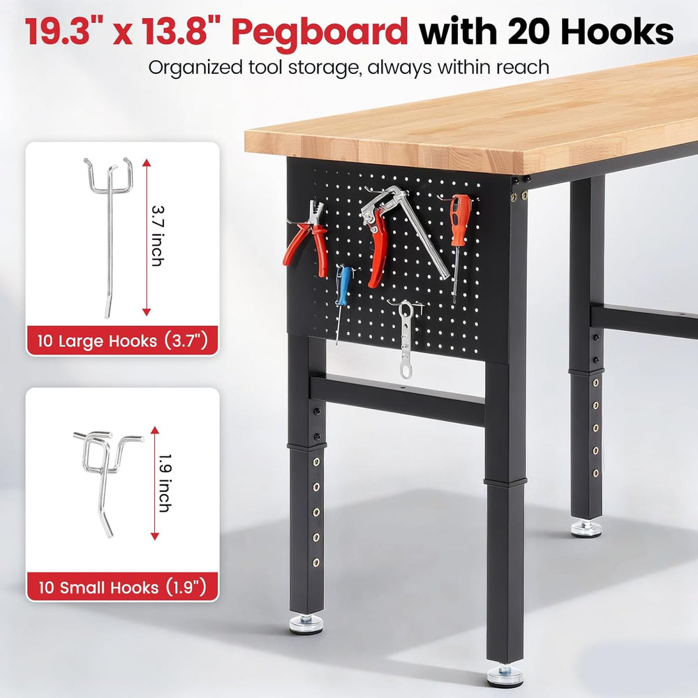 Work Bench 84 x 24 Inch Adjustable Height Rubber Wood Top Work Table 5000 Lbs...