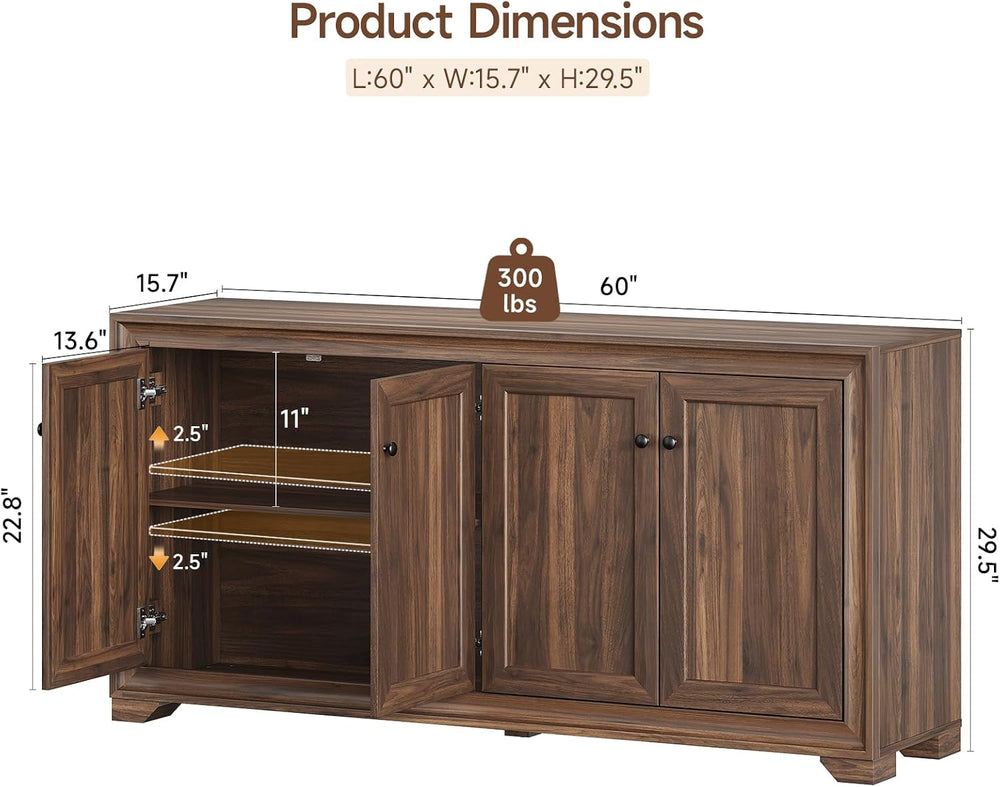 60" Buffet Cabinet with Storage, 4 Doors & Adjustable Shelves Brown