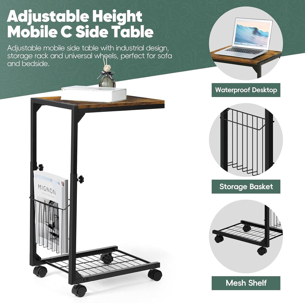 C Shaped Side Table Small End Table with Wheels Slide Under Couch Table for S...