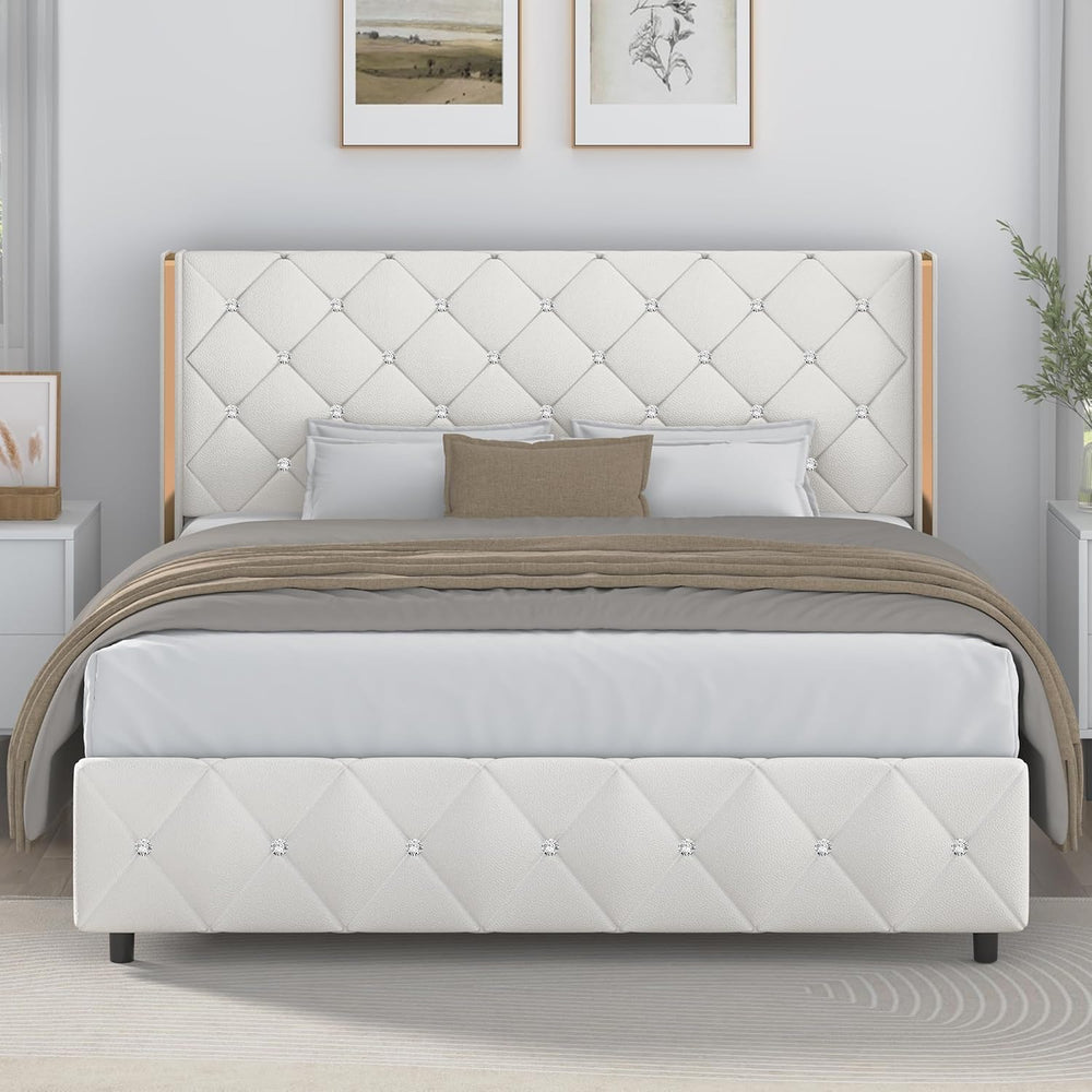 Lullabyre Queen Size Upholstered Bed Frame, Diamond Tufted Wingback Headboard...
