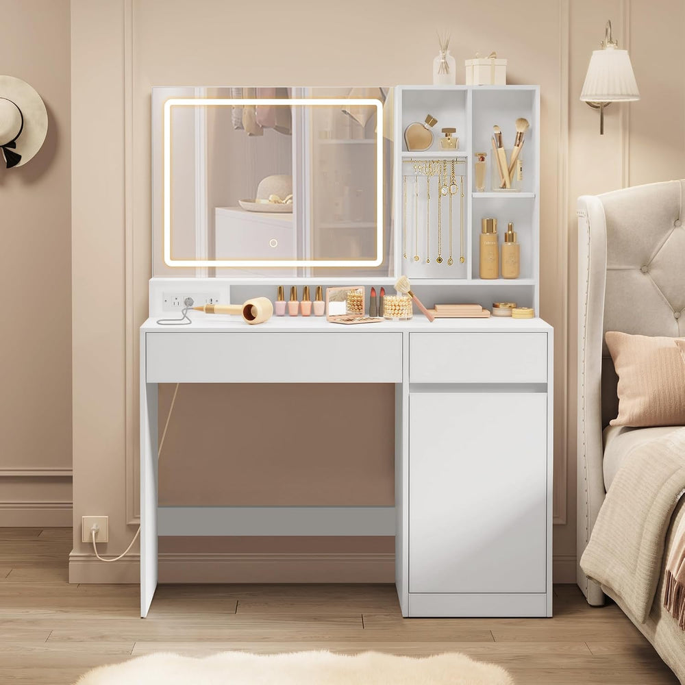 VASAGLE KAILYN Collection - 43.3-Inch Vanity Desk with Mirror and Lights, Pow...