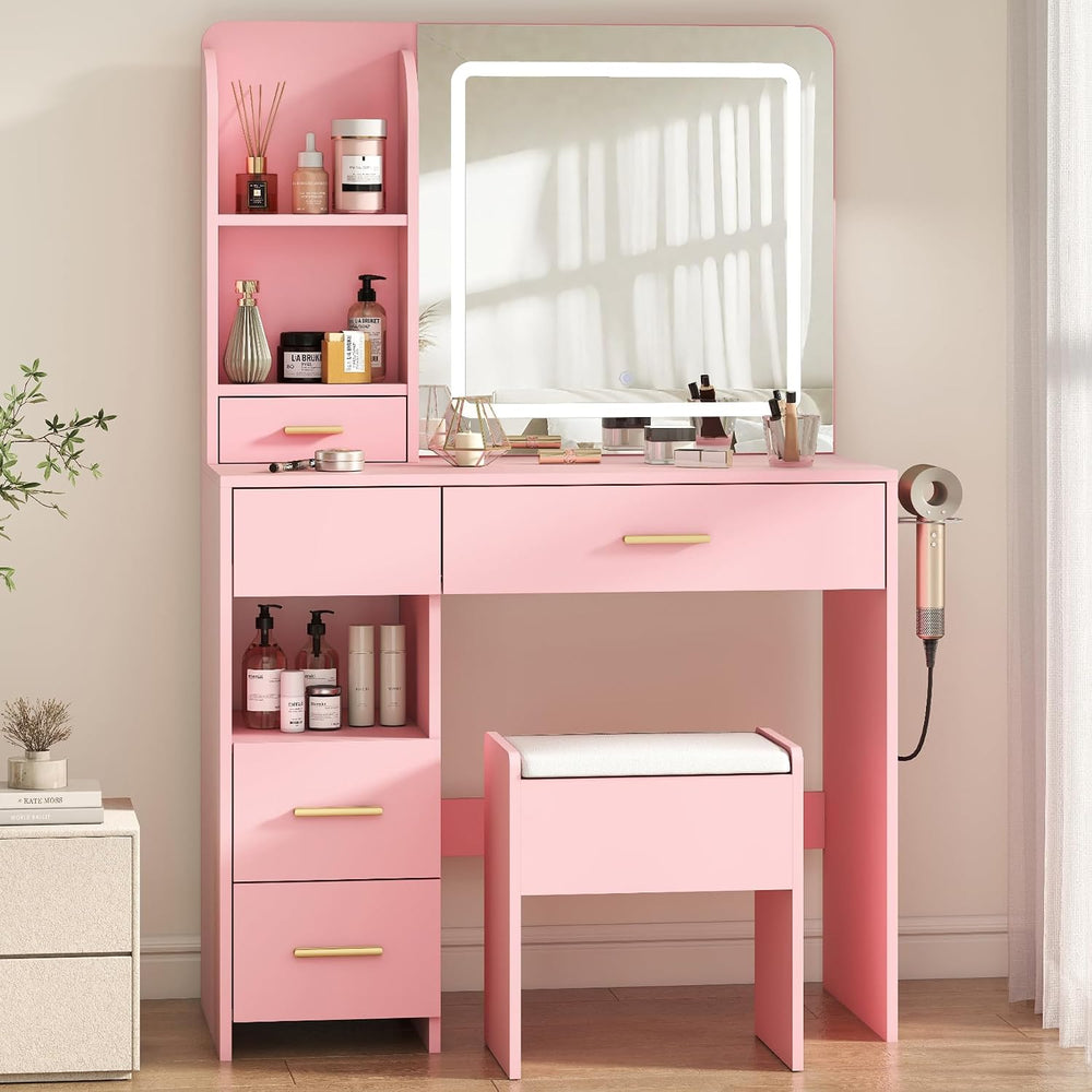 Vanity Desk with LED Mirror, Power Outlet, 5 Drawers Makeup Table | Smart LED...