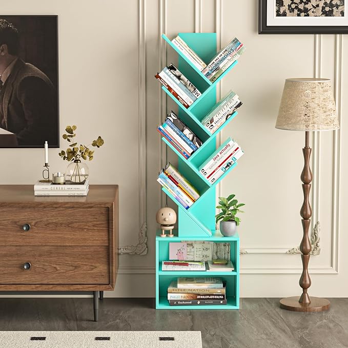 10 Tier Tree Bookshelf,Floor Standing Wood Tall Bookcase for Narrow Space, St...